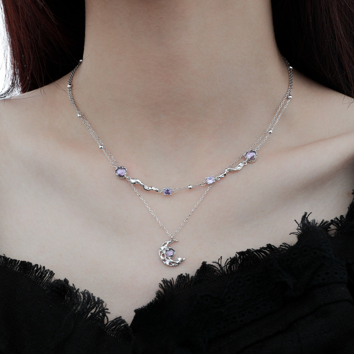 Designer Sweet Girl Purple S925 Silver Moon Necklace