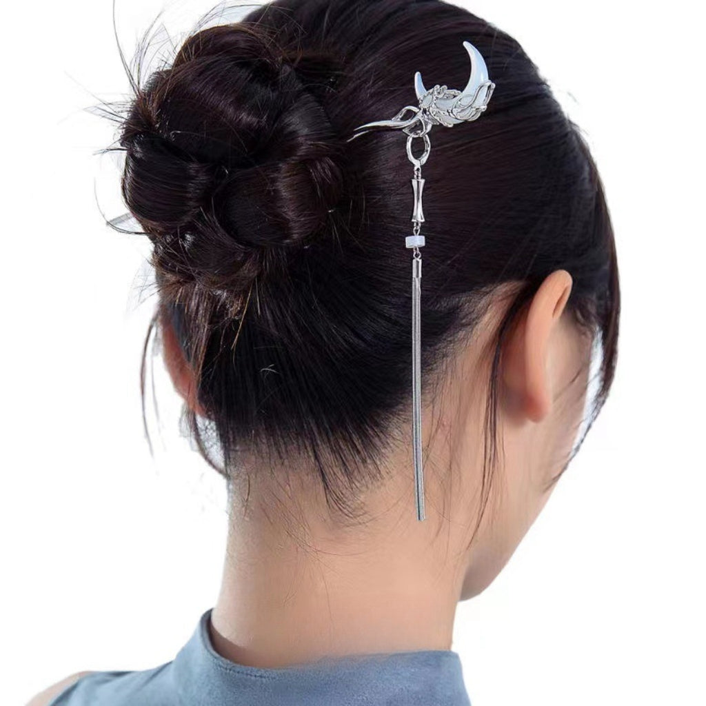 Designer White Half Moon Tassel Metal Hairpin