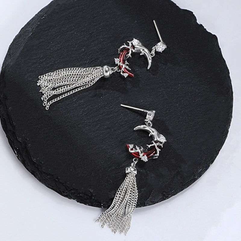 Gothic Style Red Moon Shining Star Tassel Earring