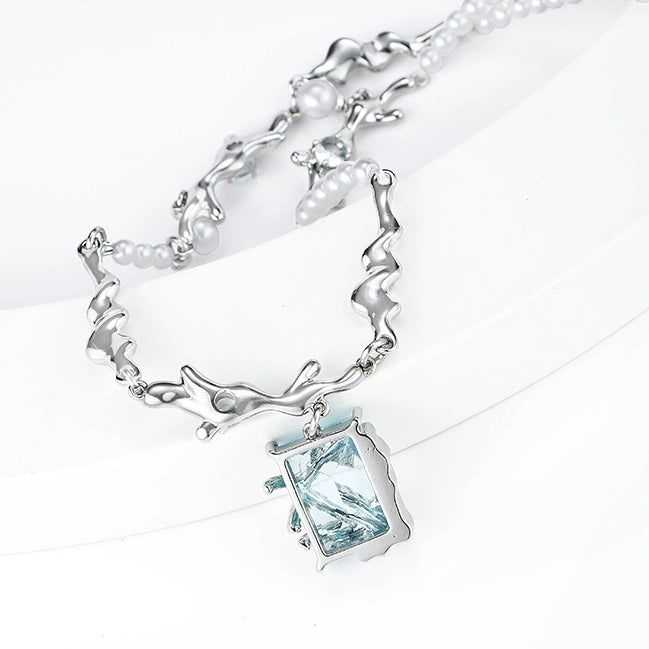 Sweet Girl Blue Square Cube Pearl Necklace