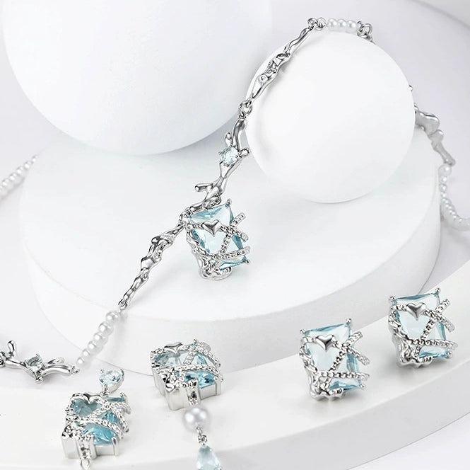 Sweet Girl Blue Square Cube Pearl Necklace