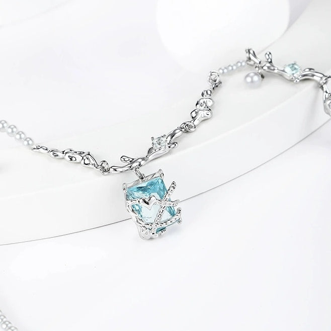 Sweet Girl Blue Square Cube Pearl Necklace