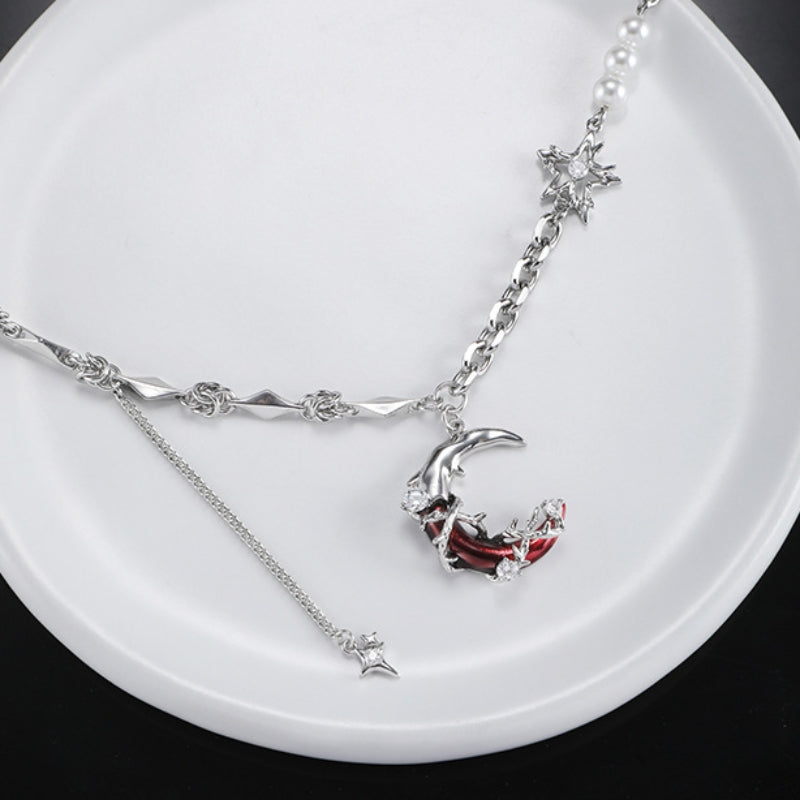 Gothic Style Girl Red Moon Shining Star Necklace