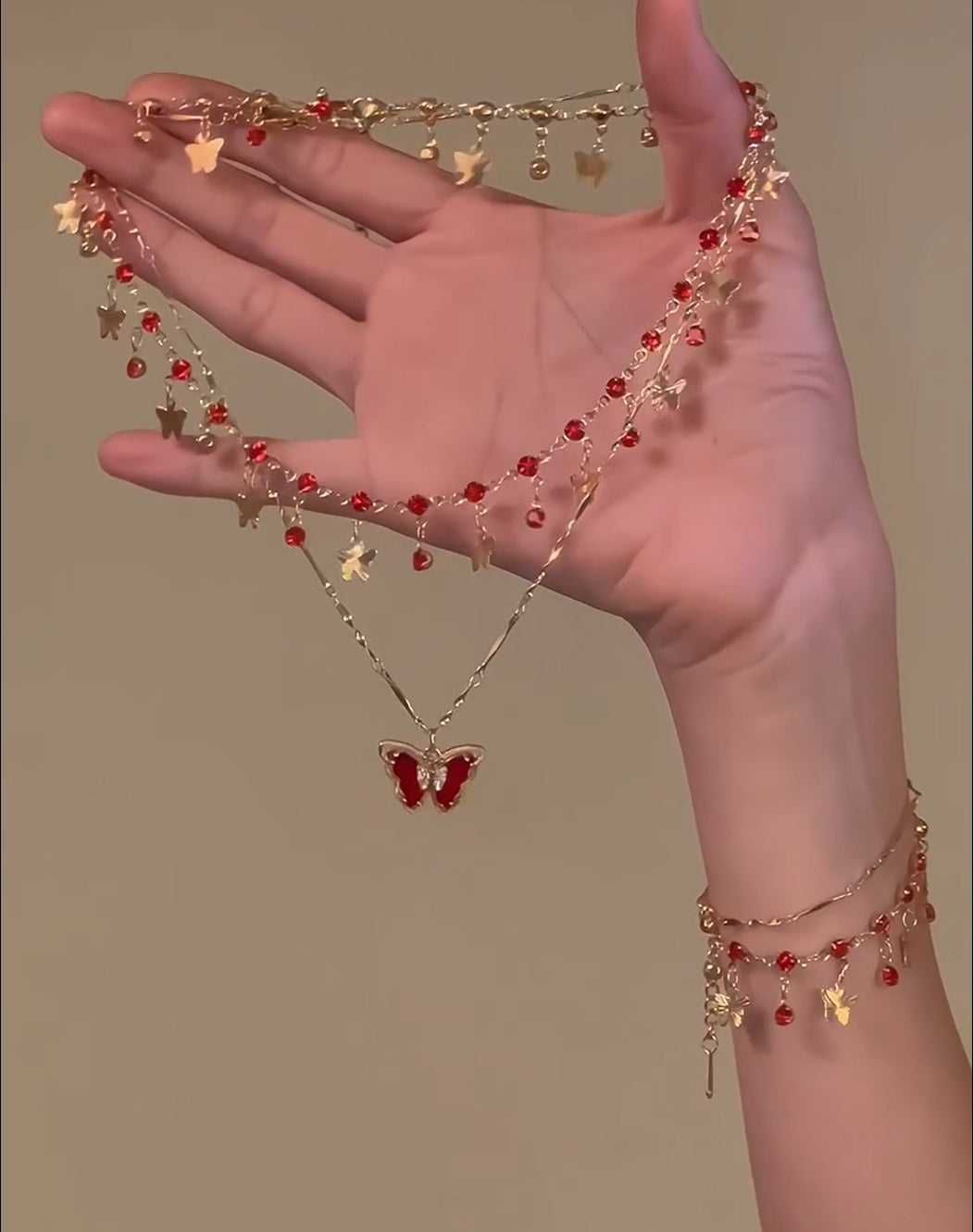 Y2K Girl Red Butterfly Double Layered Chain Necklace & Bracelet