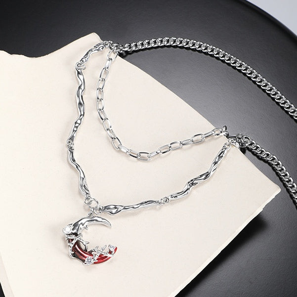 Gothic Style Girl Red Moon Shining Star Double Layers Necklace