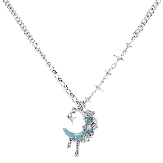 Sweet Blue Moon Star Rhinestone Neckalce