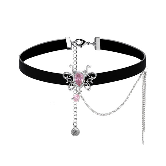 Y2K Sweet Pink Heart Rhinestone Butterfly Tassel Choker