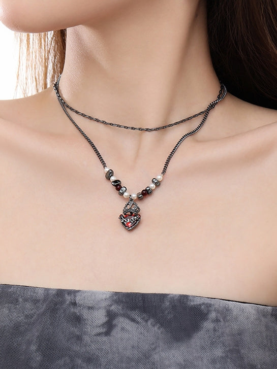 Gothic Girl Black Crown Heart Double Layer Necklace