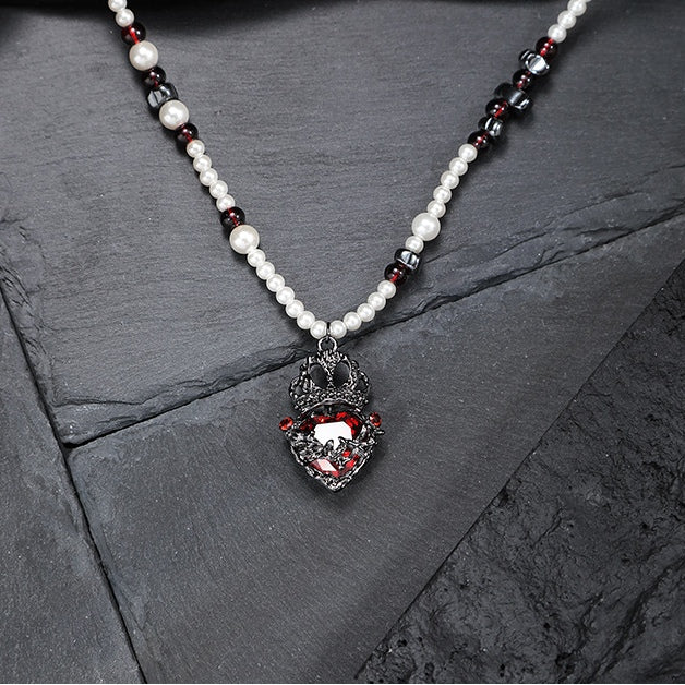 Gothic Girl Black Crown Heart White Pearl Necklace