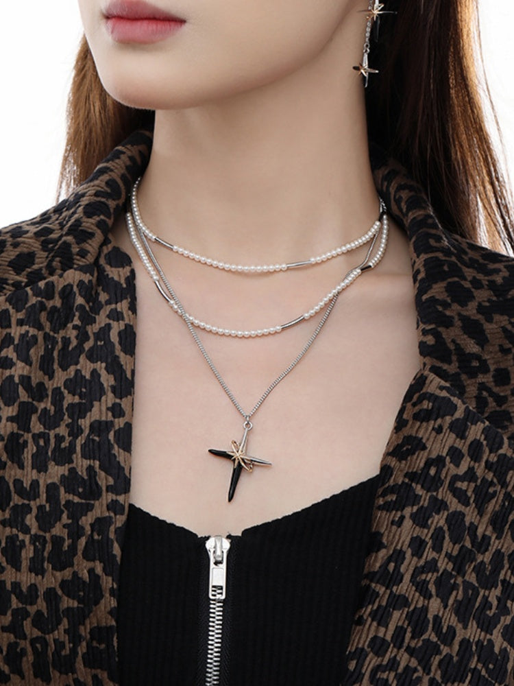 Black & Gold Cross Choker Three Layers of Pearl Choker Necklace