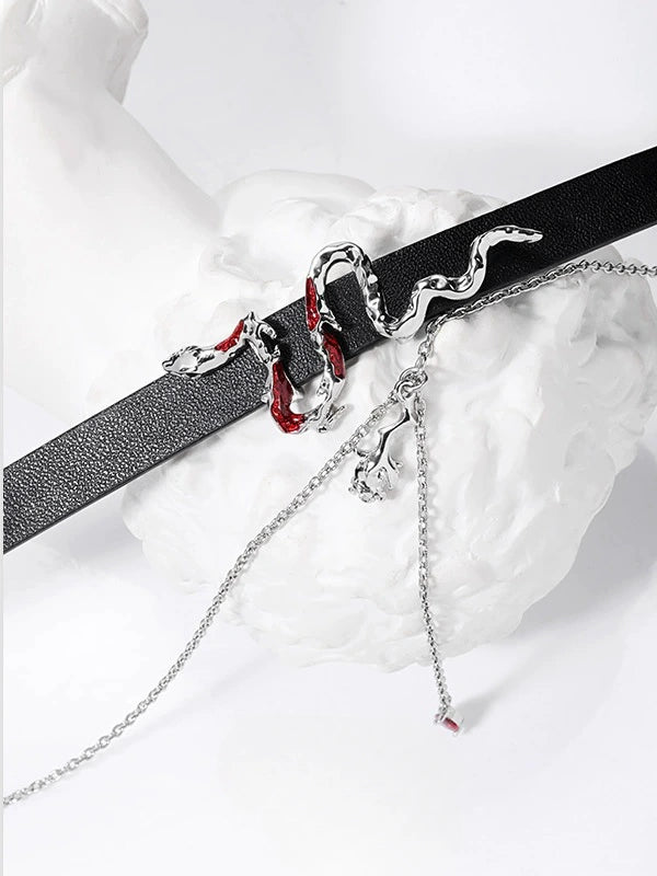 Y2K Red Snake Black Leather Choker Necklace