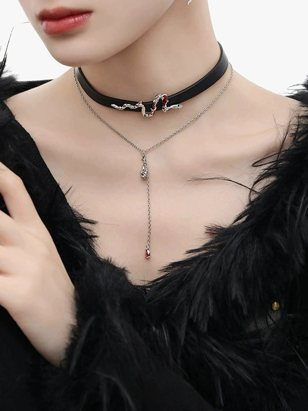 Y2K Red Snake Black Leather Choker Necklace