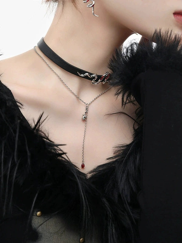 Y2K Red Snake Black Leather Choker Necklace