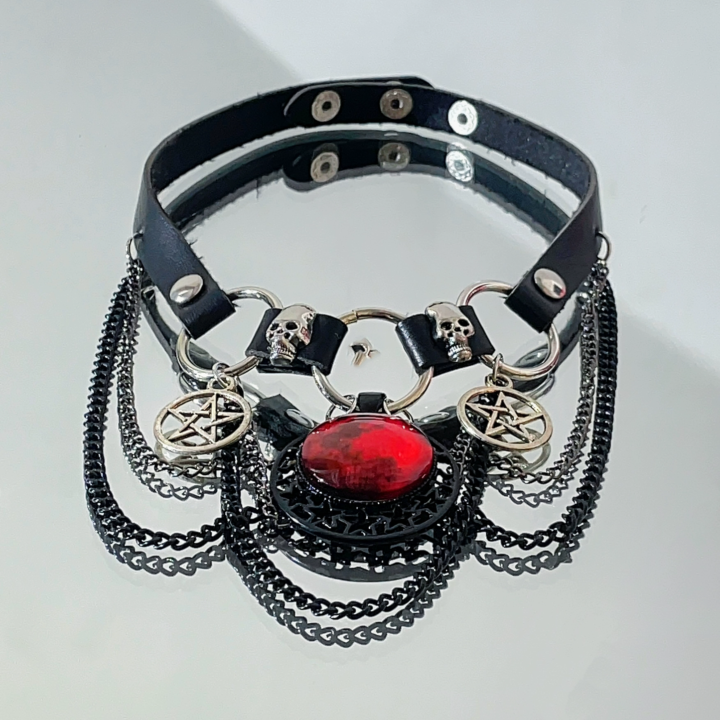 Gothic Dark Skull Red Moon Star Tassel Leather Choker