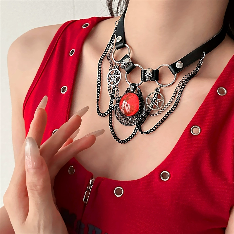 Gothic Dark Skull Red Moon Star Tassel Leather Choker