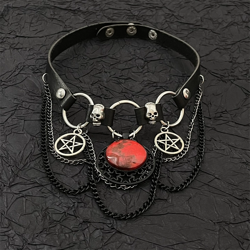 Gothic Dark Skull Red Moon Star Tassel Leather Choker