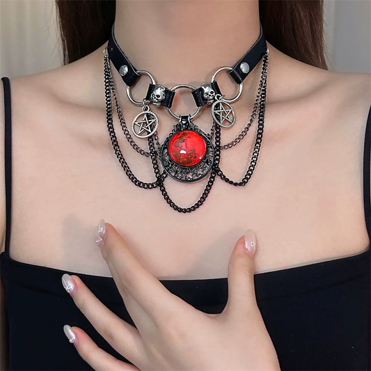 Gothic Dark Skull Red Moon Star Tassel Leather Choker