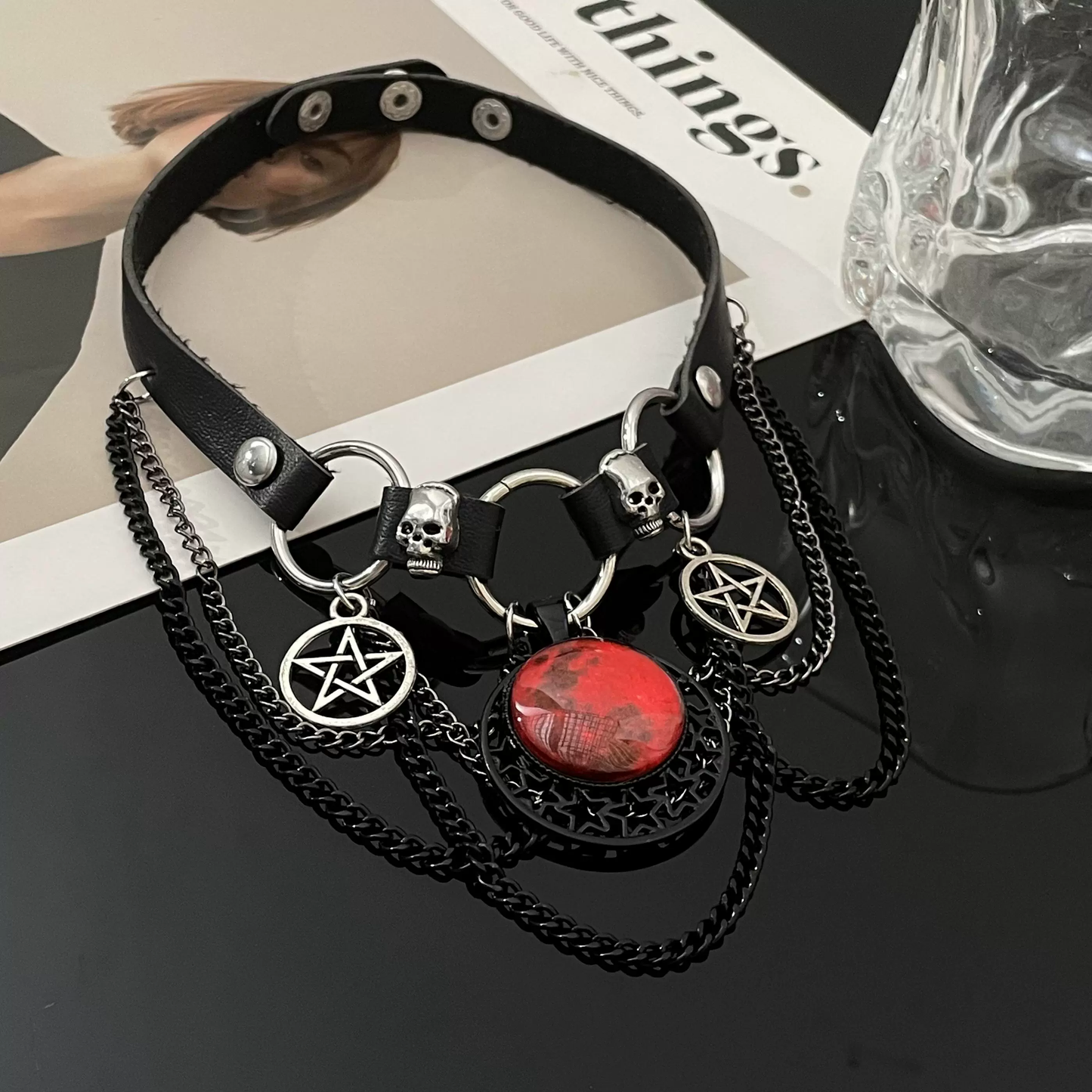 Gothic Dark Skull Red Moon Star Tassel Leather Choker