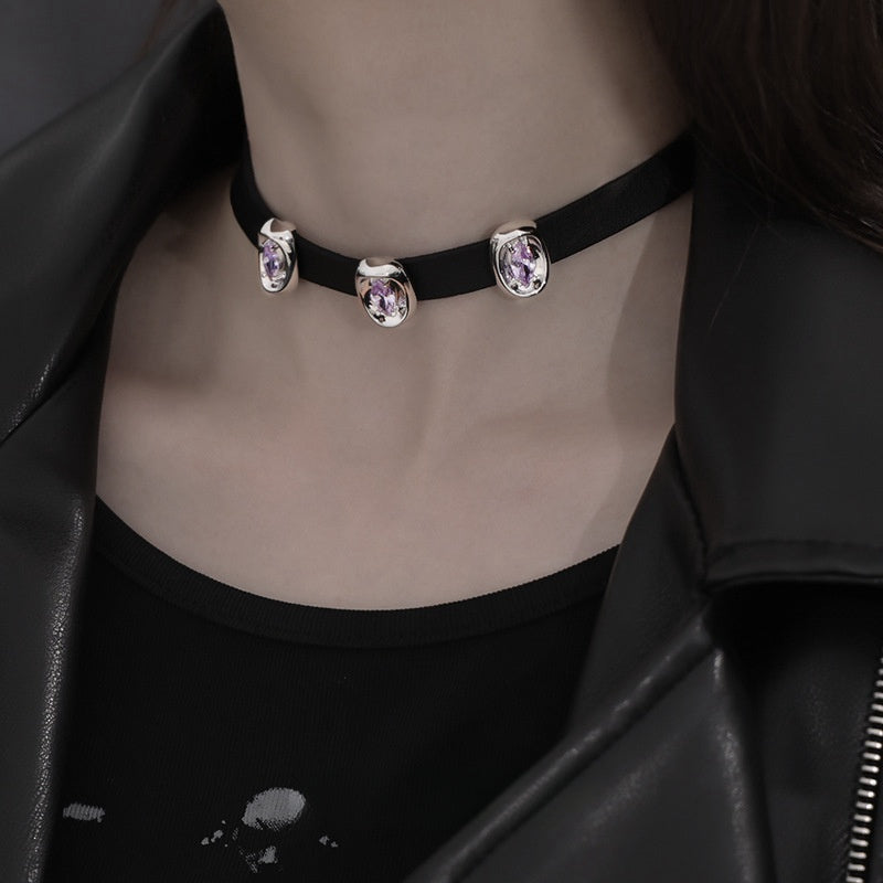 Girl Gothic Punk Purple Zircon Choker Necklace