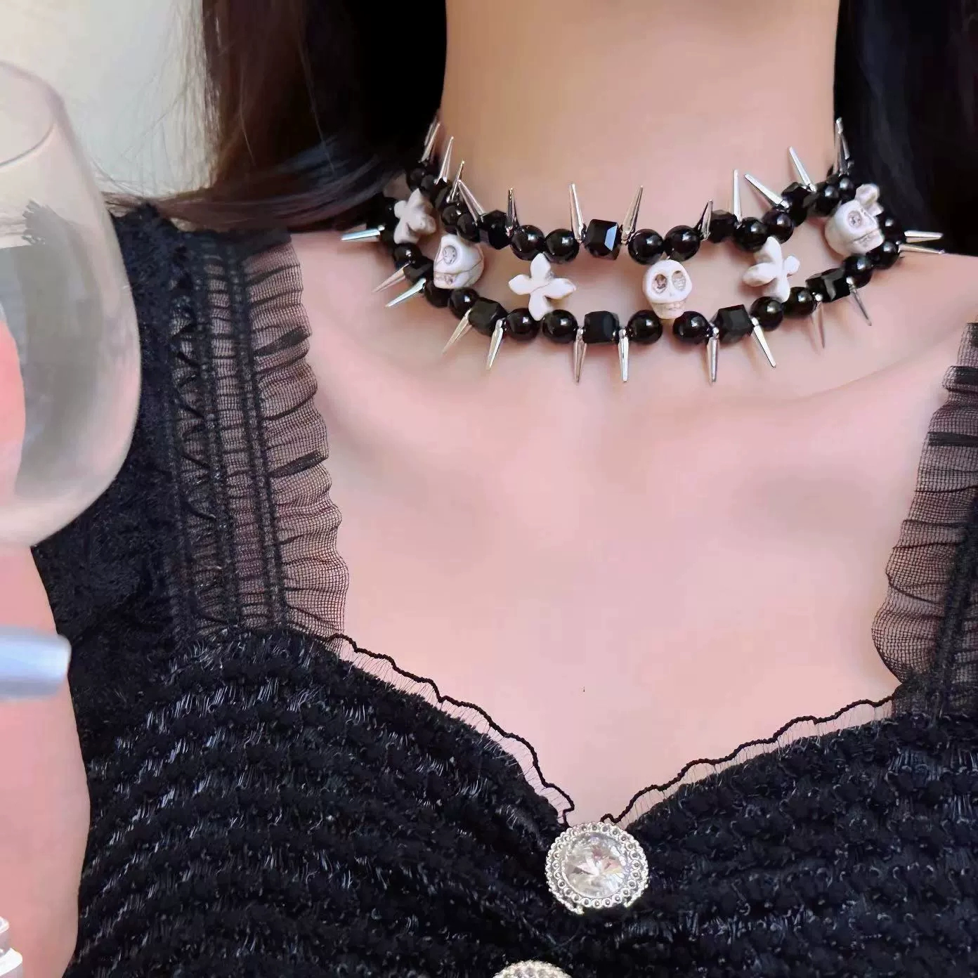 Gothic Skull Rivet Black Beads Choker