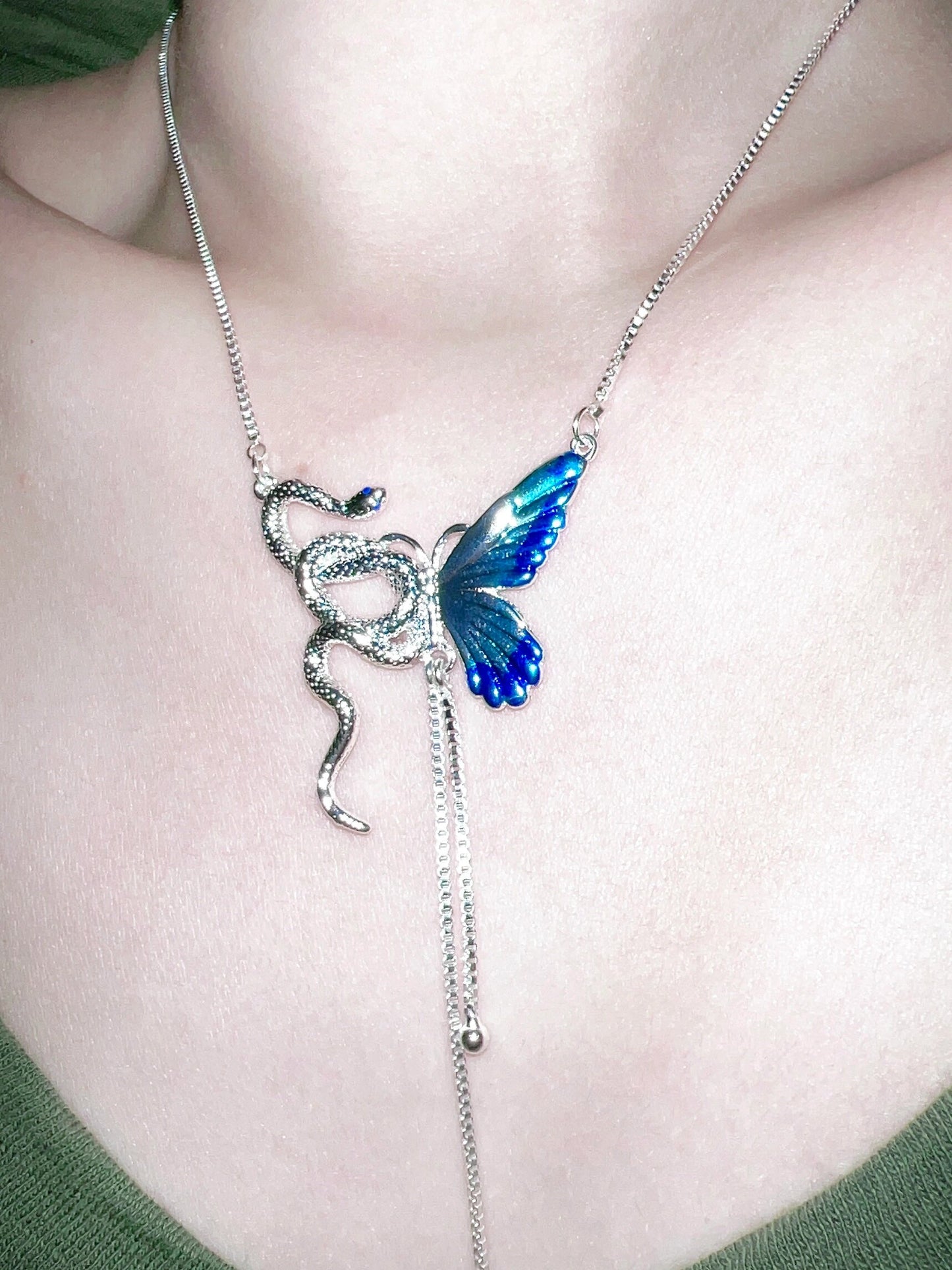 Unique Unisex Blue Butterfly & Snake Necklace