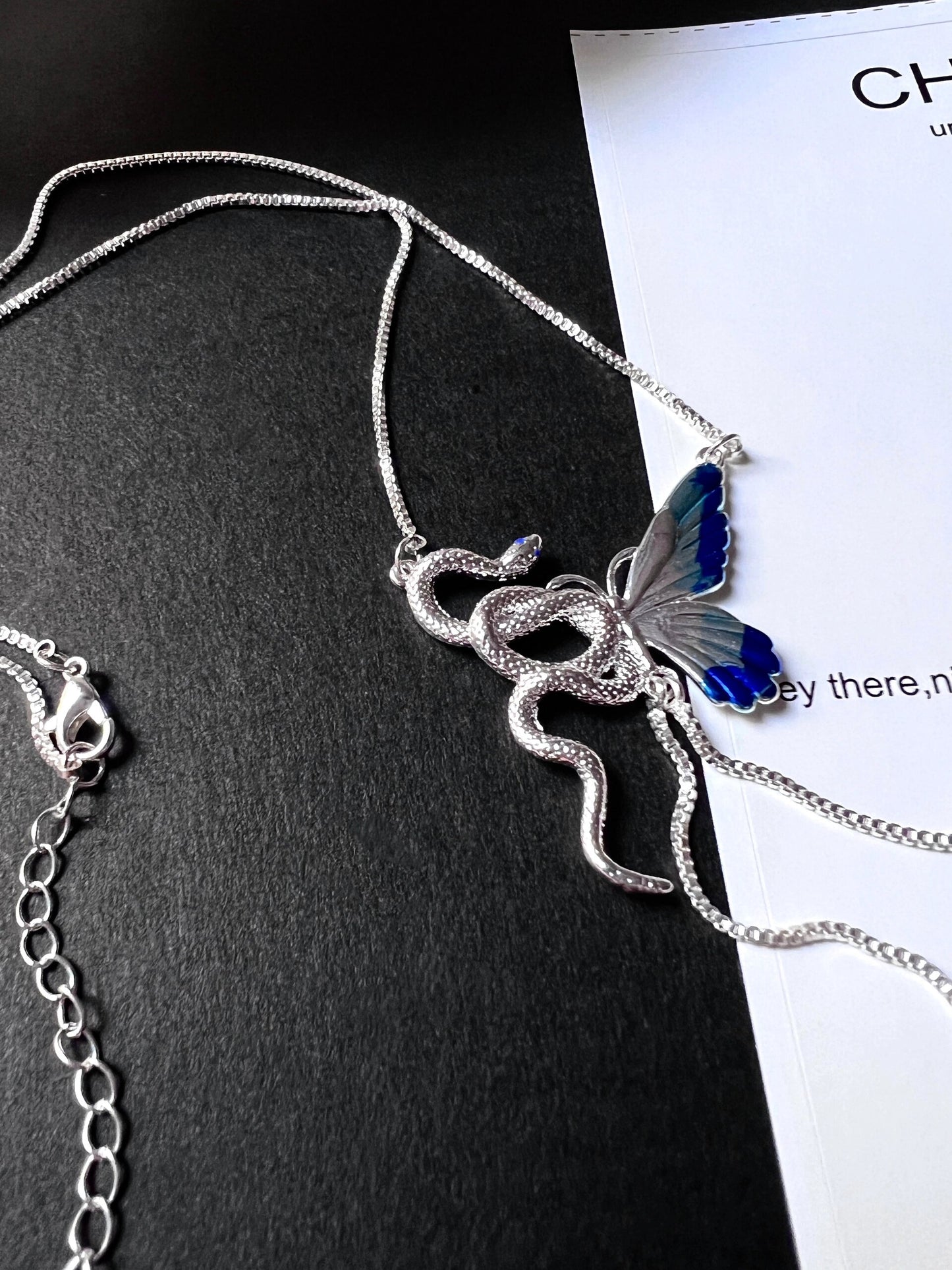 Unique Unisex Blue Butterfly & Snake Necklace