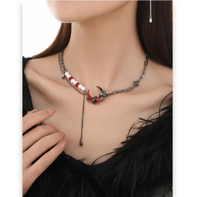 Dark Red Half Moon & Black Rose Pearl Tassel Necklace