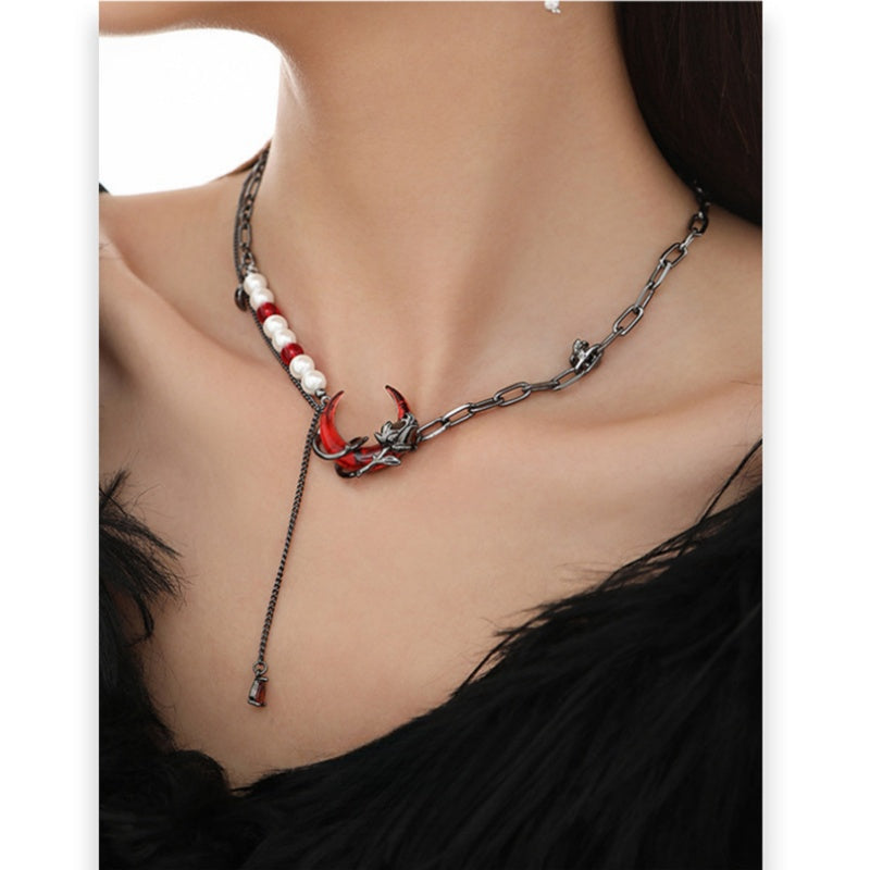 Dark Red Half Moon & Black Rose Pearl Tassel Necklace