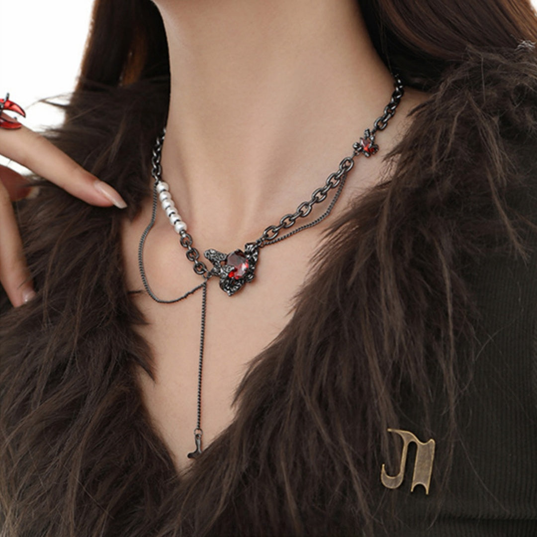 Dark Red Women Butterfly Pearl Tassel Necklace