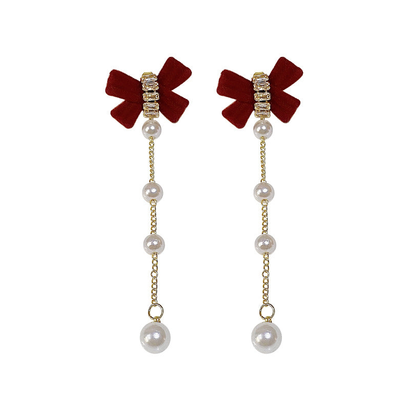 Cute Sweet Long Velvet Bow Pearl Earrings with Fringe