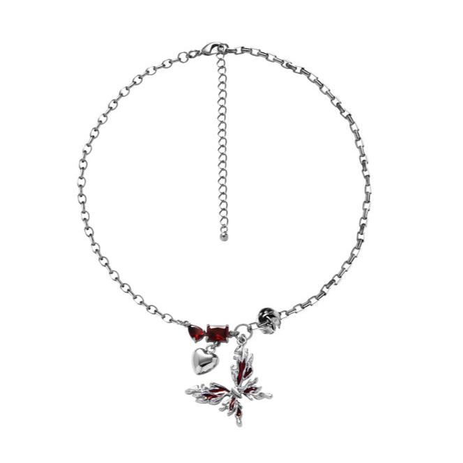 Dark Red Butterfly Metal Necklace