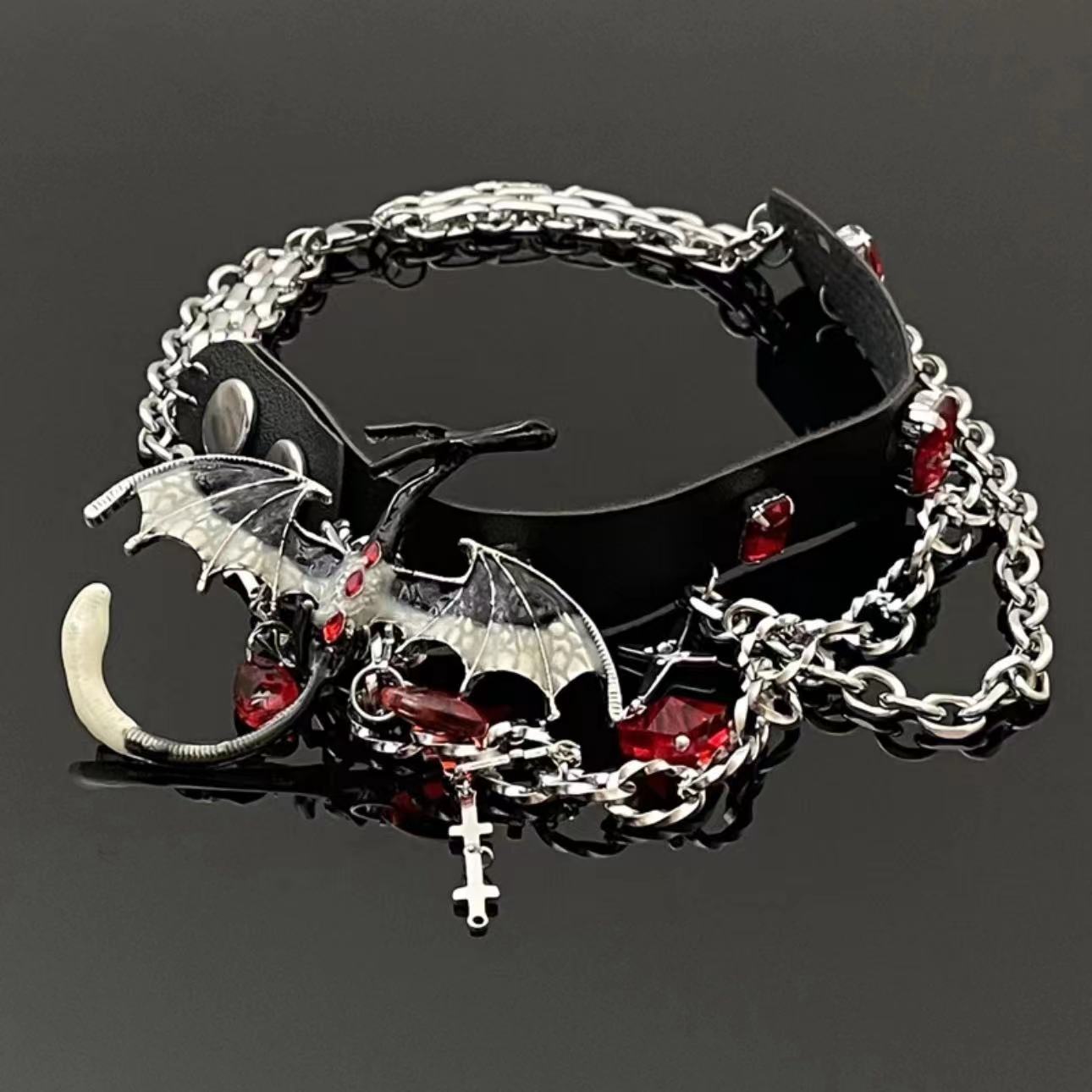 Gothic Fly Dragon Red Rhinestone Tassel Leather Choker Necklace