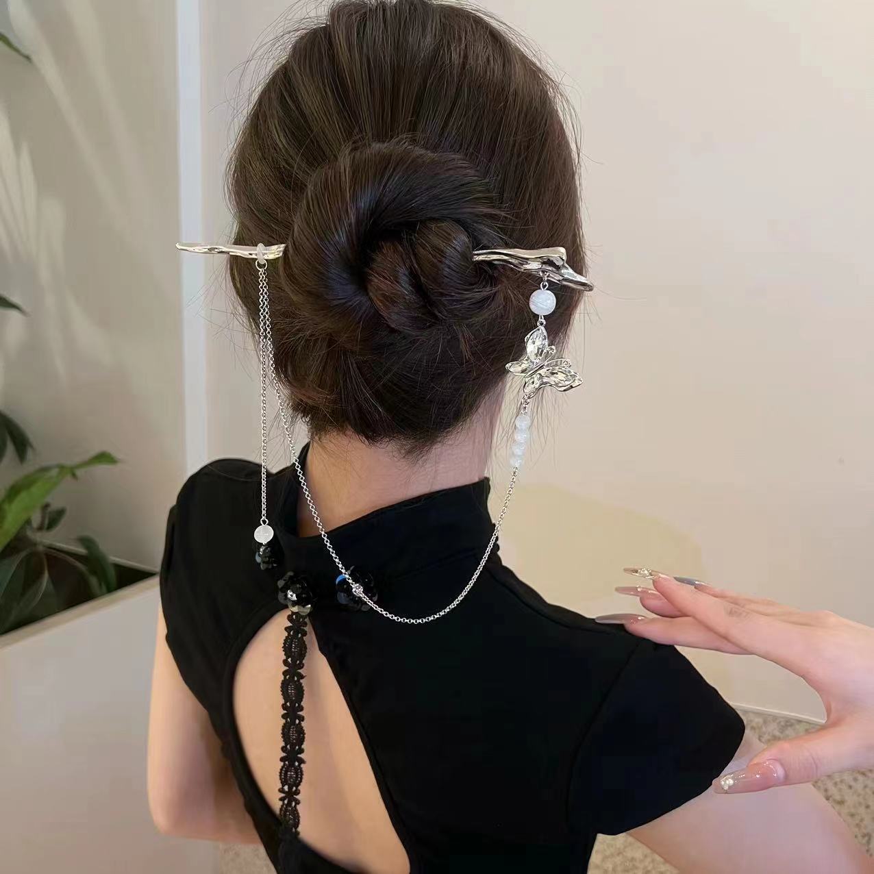 Chinese Style Silver Butterfly Women Tassel Hairpin