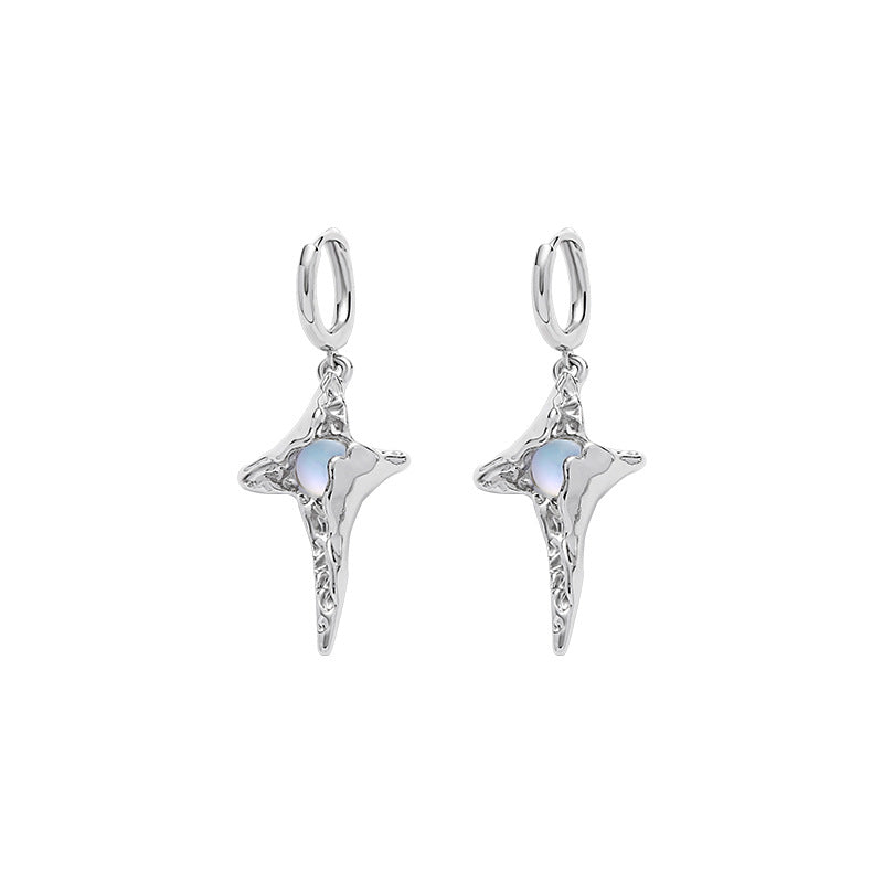 Fancy Small Silver Ninja Star Moonstone Hoop earring