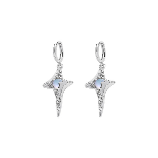 Fancy Small Silver Ninja Star Moonstone Hoop earring