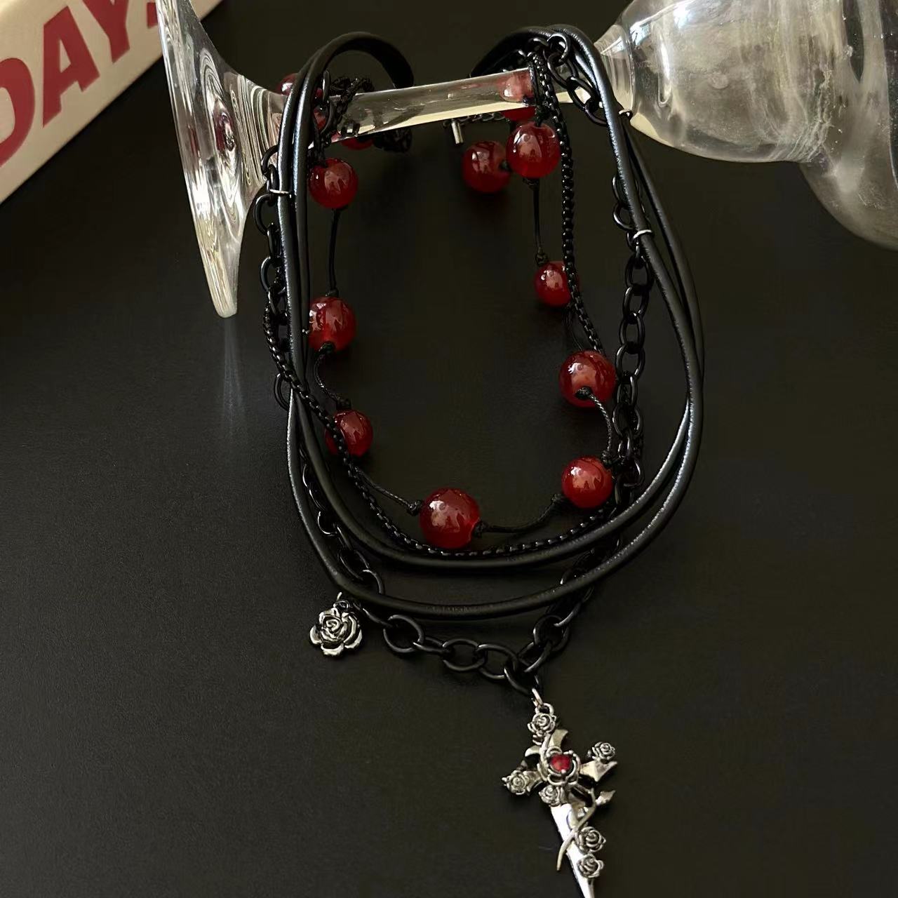 Y2K Dark Gothic Rose Cross Red Beads Choker Necklace