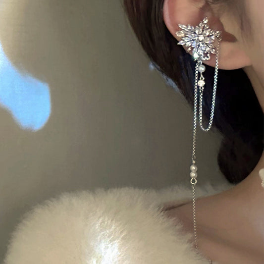 Snow Flower Rhinestone Long Tassel Pearl Ear Cuff