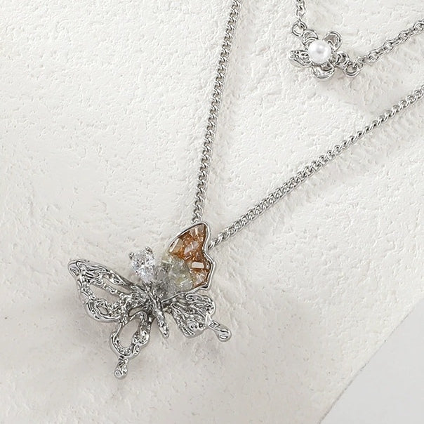 Sweet Girl Double Layered Orange Butterfly & Flower Rhinestone Necklace