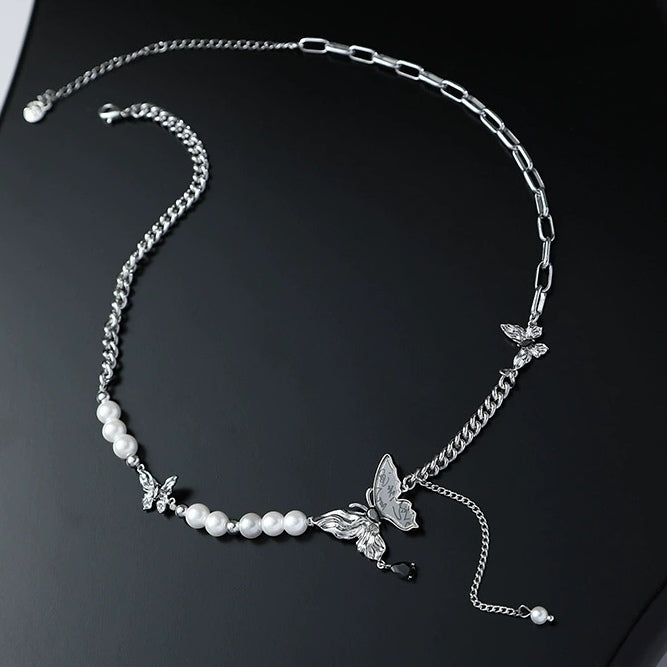 Silver Butterfly Pearl Tassel Necklace