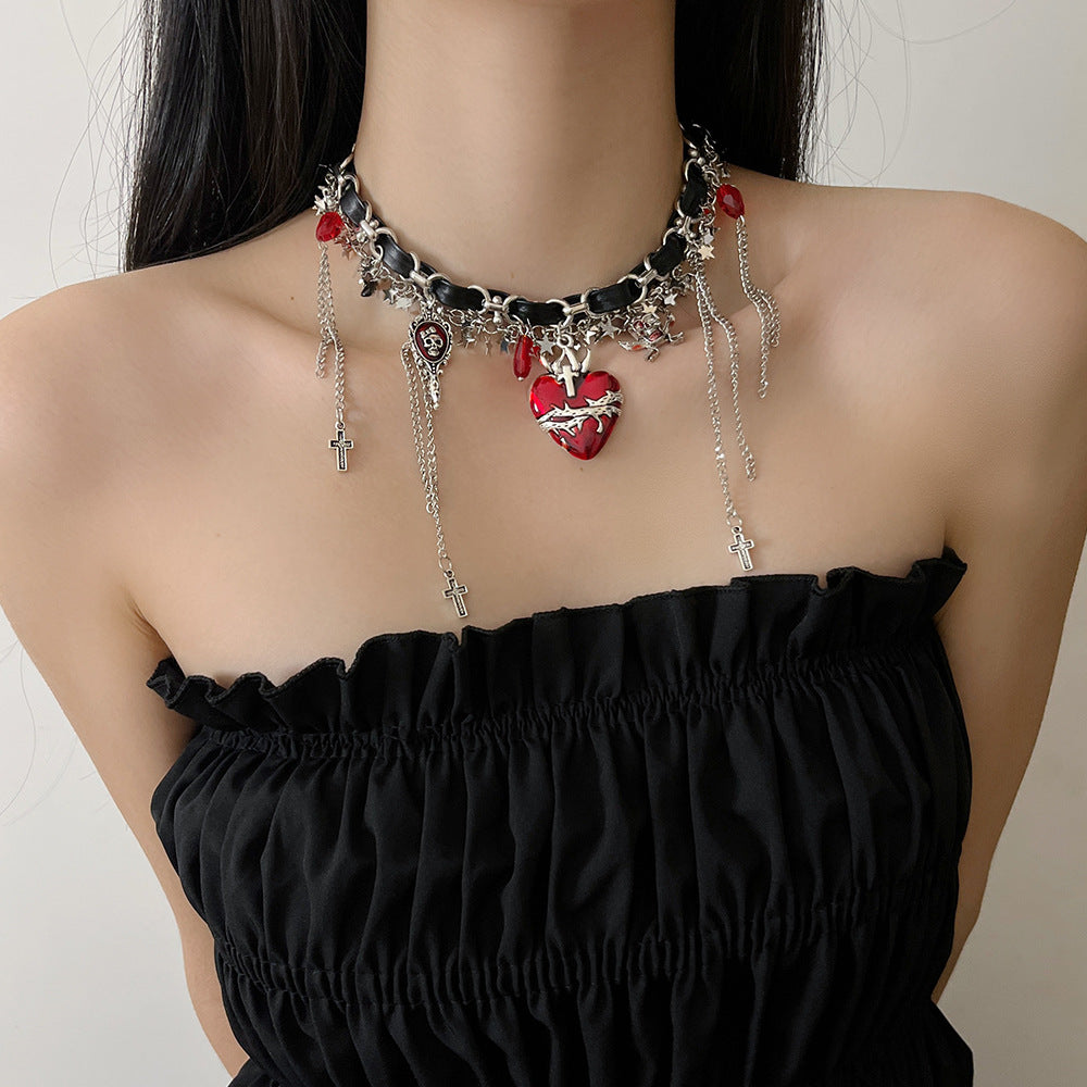 Y2K Spicy Girl Chic Red Heart Tassel Choker Necklace