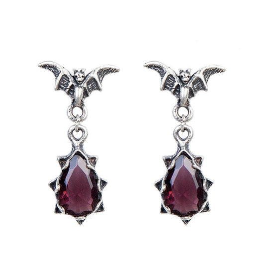 Gothic S925 Silver Bat Red Crystal Stud Earring