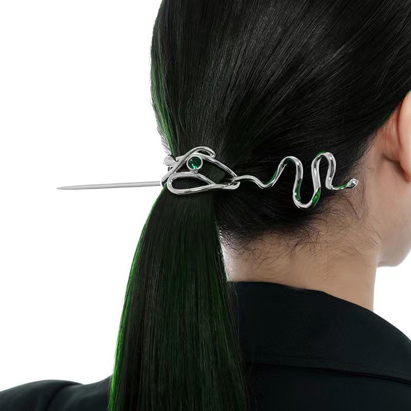 Slytherin Designer Silver Snake with Green Crystal Hairpin