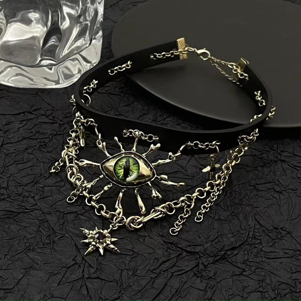 Y2K Spicy Girl Leather Tassel Green Devil's Eye Choker Necklace