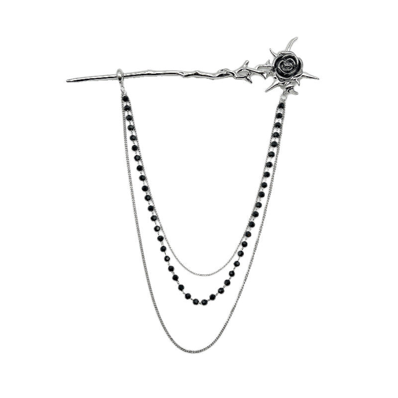 Designer Vintage Silver Thorny Rose Hairpin with  Black Beads Chain