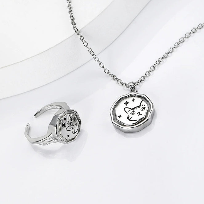 Cute Reversible Cat Necklace & Ring