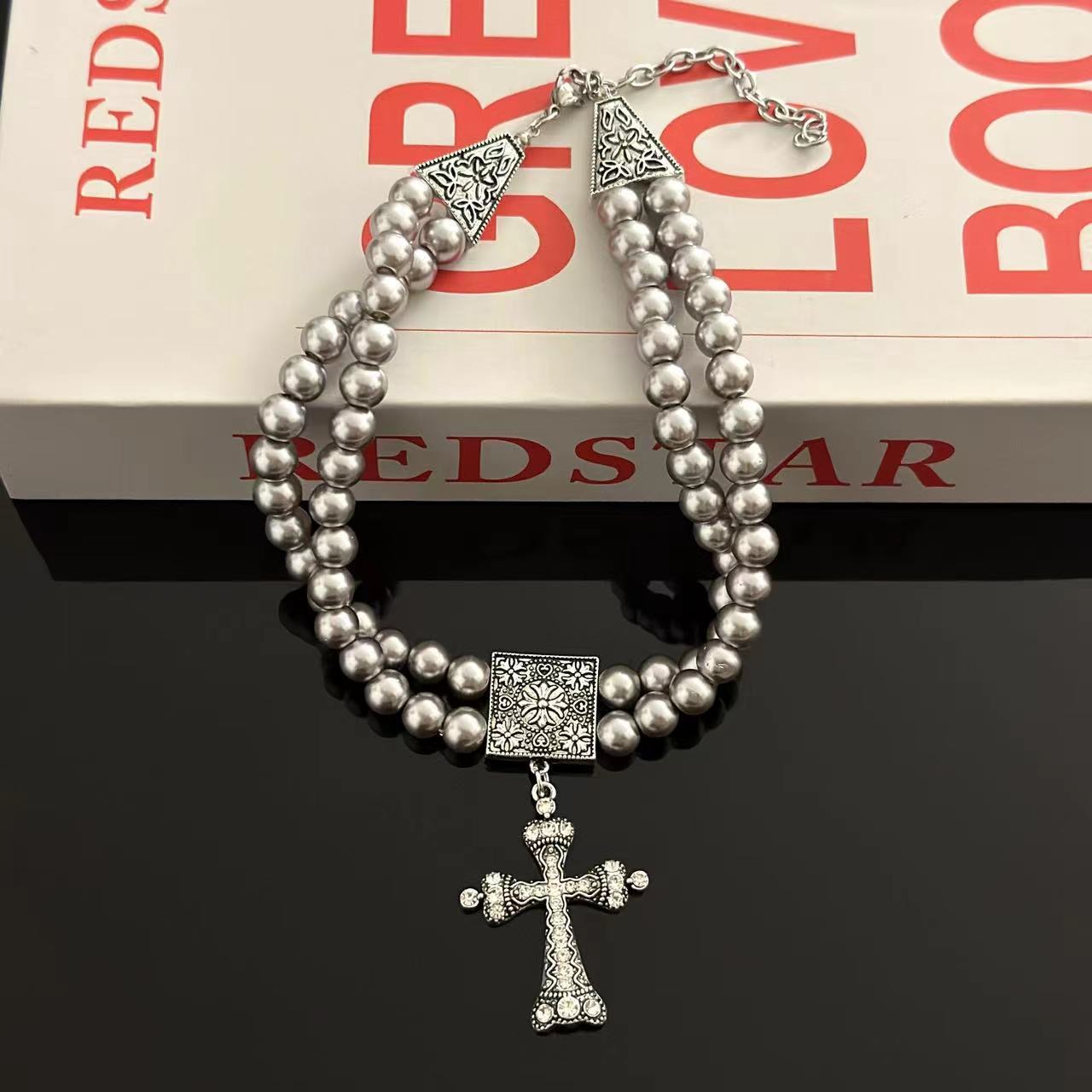 Vintage Silver Cross Double Layered Pearl Choker Necklace