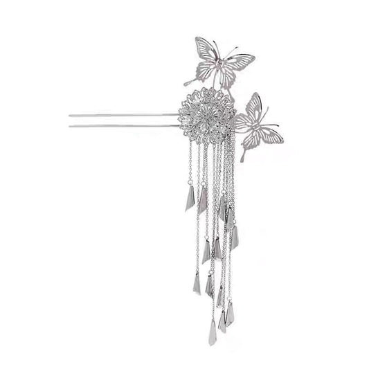 Chic Women Silver Butterfly Metal Tassel Hairpin