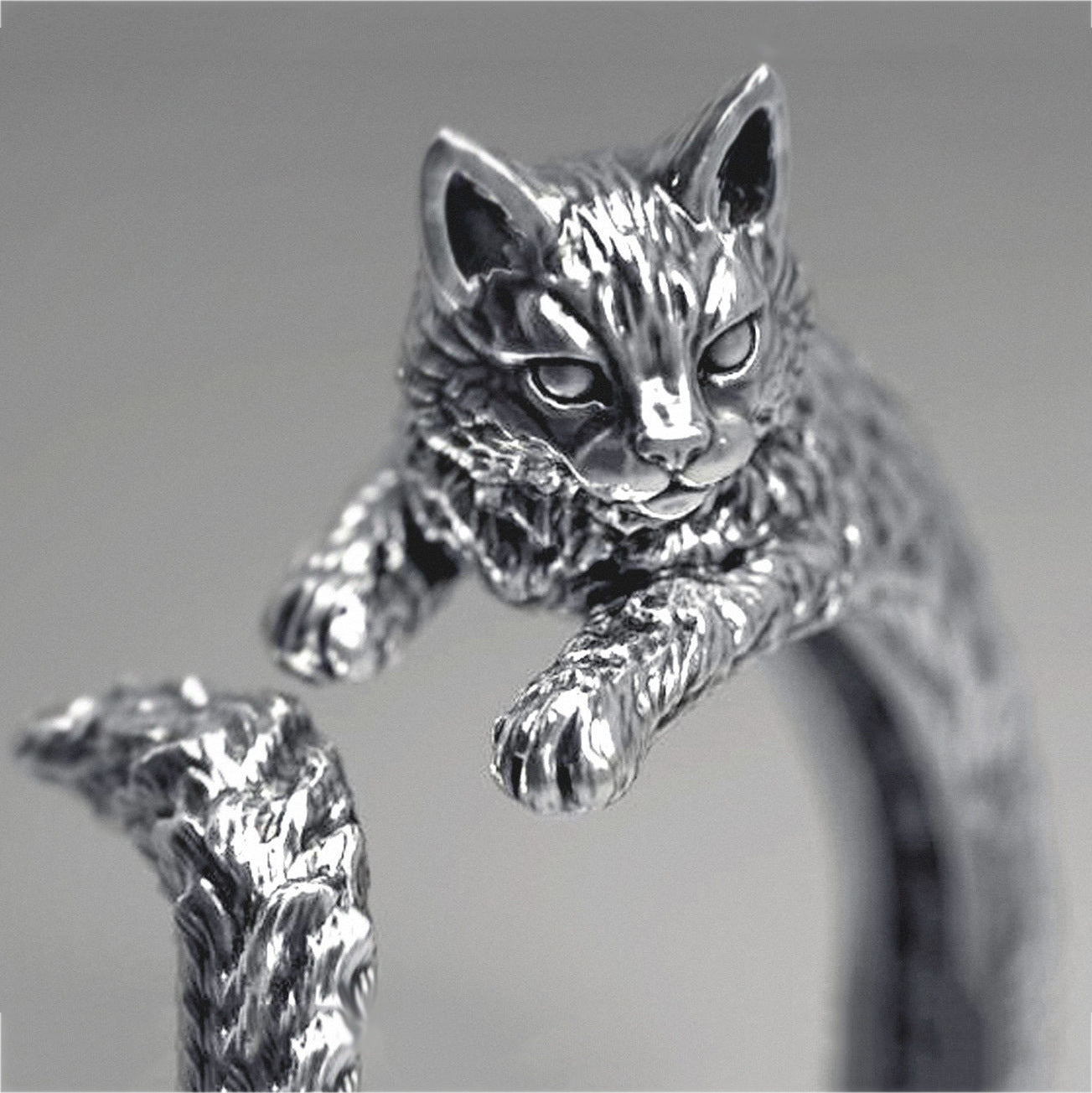 Unisex Silver Cute Retro Cat Open-end Ring