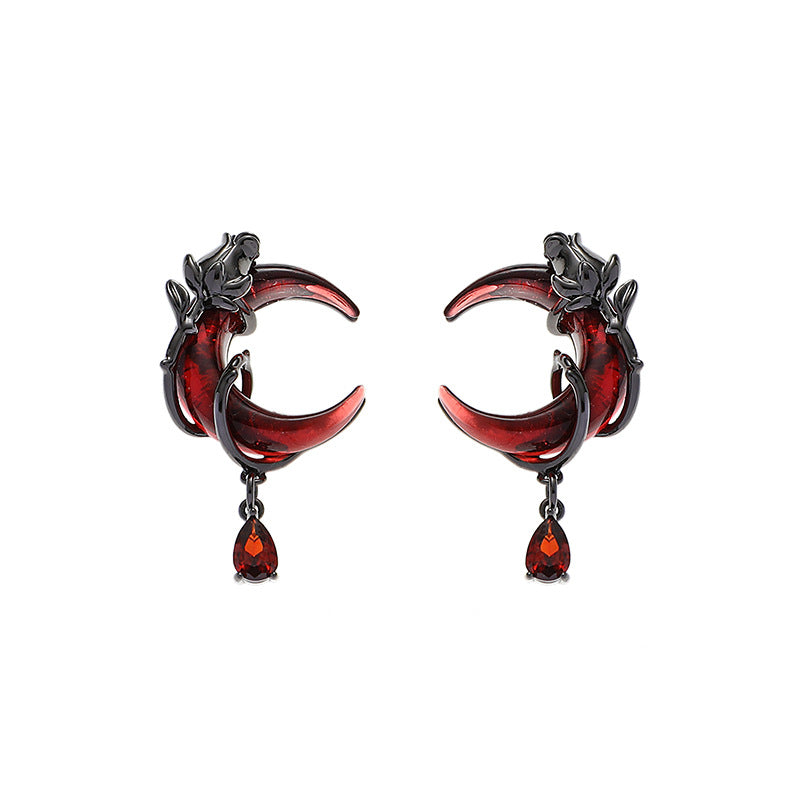 Dark Red Half Moon & Black Rose Stud Earring