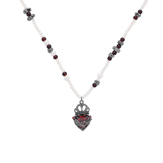 Gothic Girl Black Crown Heart White Pearl Necklace